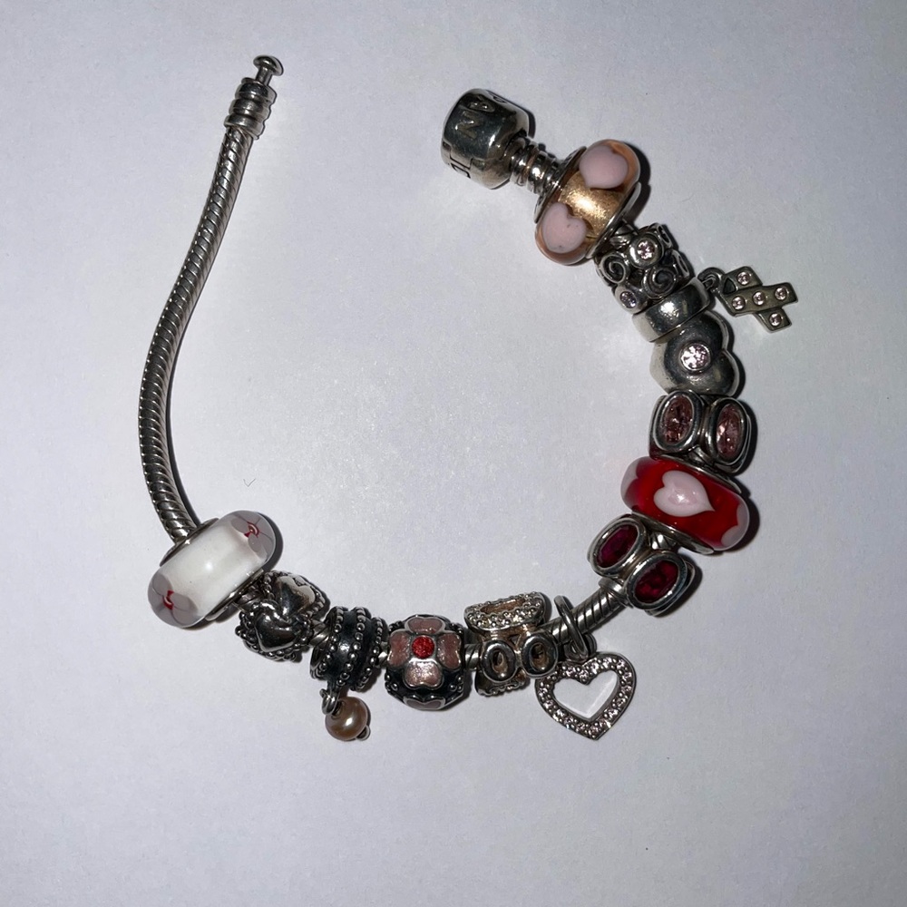 Pandora multicharm red and pink bracelet includes murano silver and stone charms
